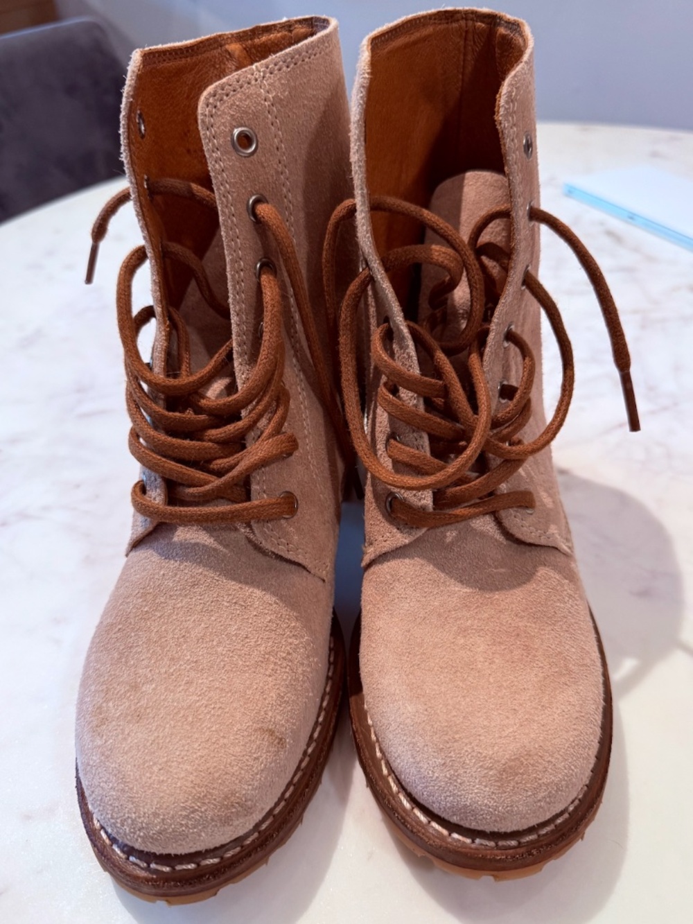 Frye Sabrina Blush Pink Suede Combat Boots Size 7 Made in the USA